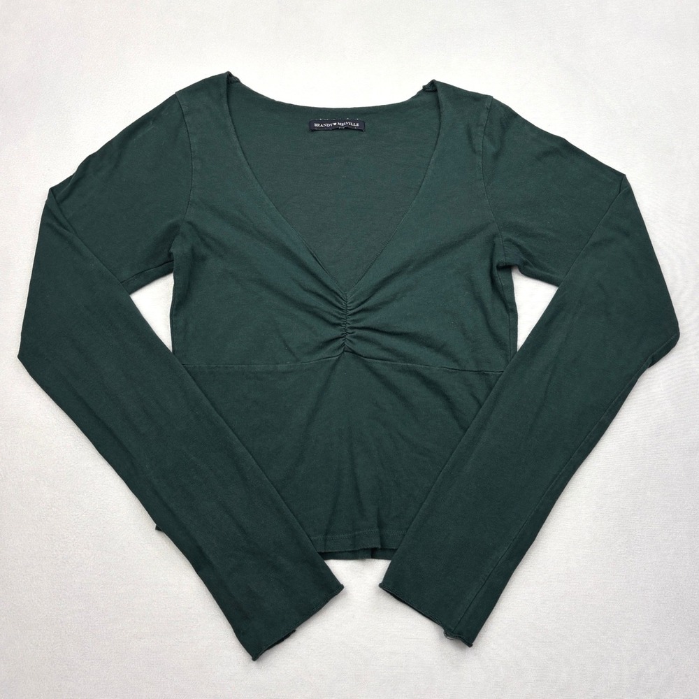 Brandy Melville Top Womens One Size Green Long Sleeve Deep V Neck Ruched Shirt
